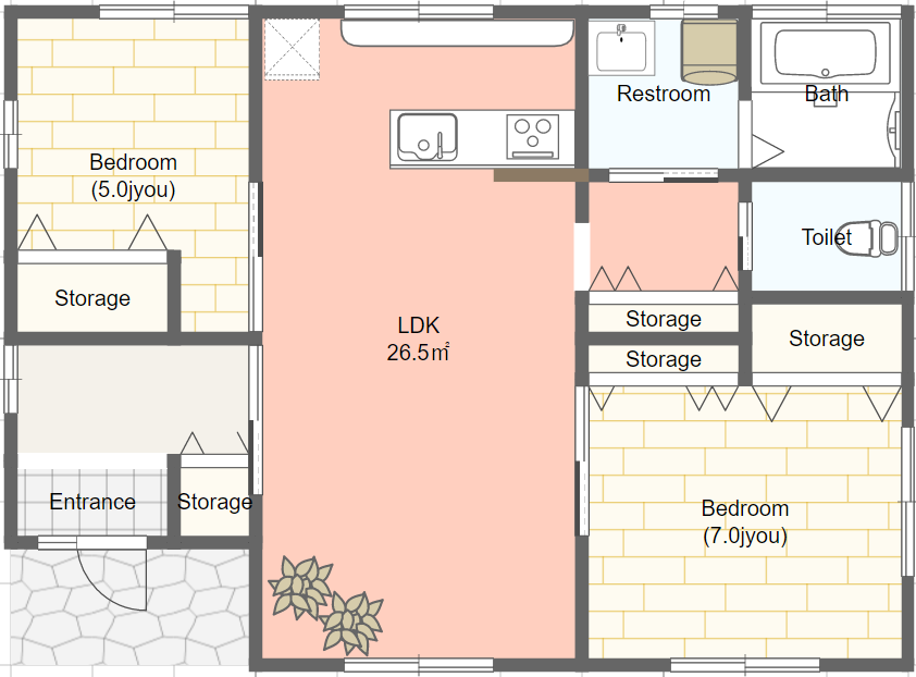 シニア世代の小さな平屋の間取り 2人暮らし２ldk 南玄関 シニアのための平家間取り図 理想の小さな平家を追求するブログ