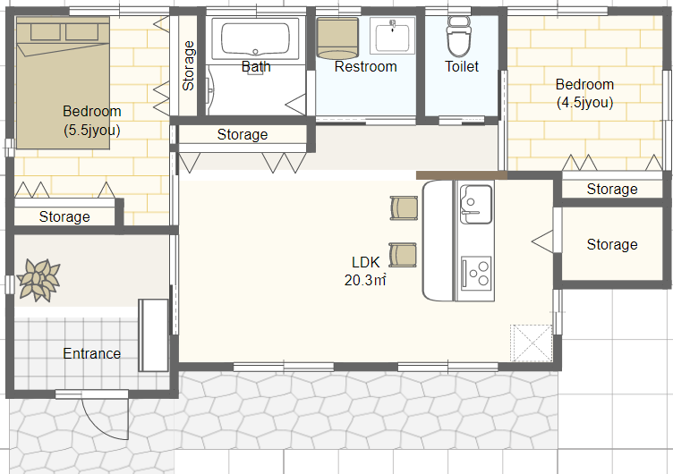 シニア世代の小さな平屋の間取り 2人暮らし２ldk 南玄関 シニアのための平家間取り図 理想の小さな平家を追求するブログ