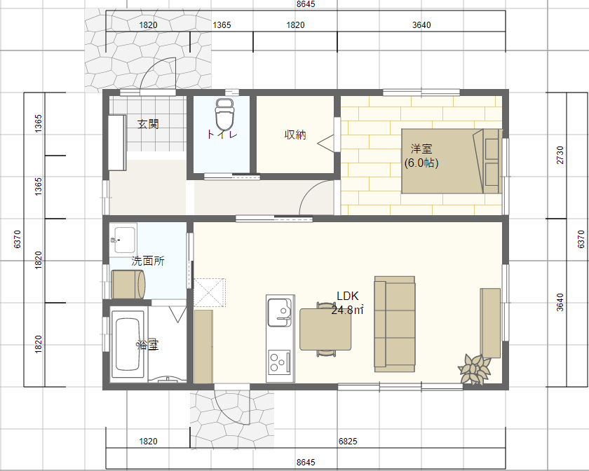 シニア世代の小さな平屋の間取り 一人暮らし１ldk 北玄関 シニアのための平家間取り図 理想の小さな平家を追求するブログ