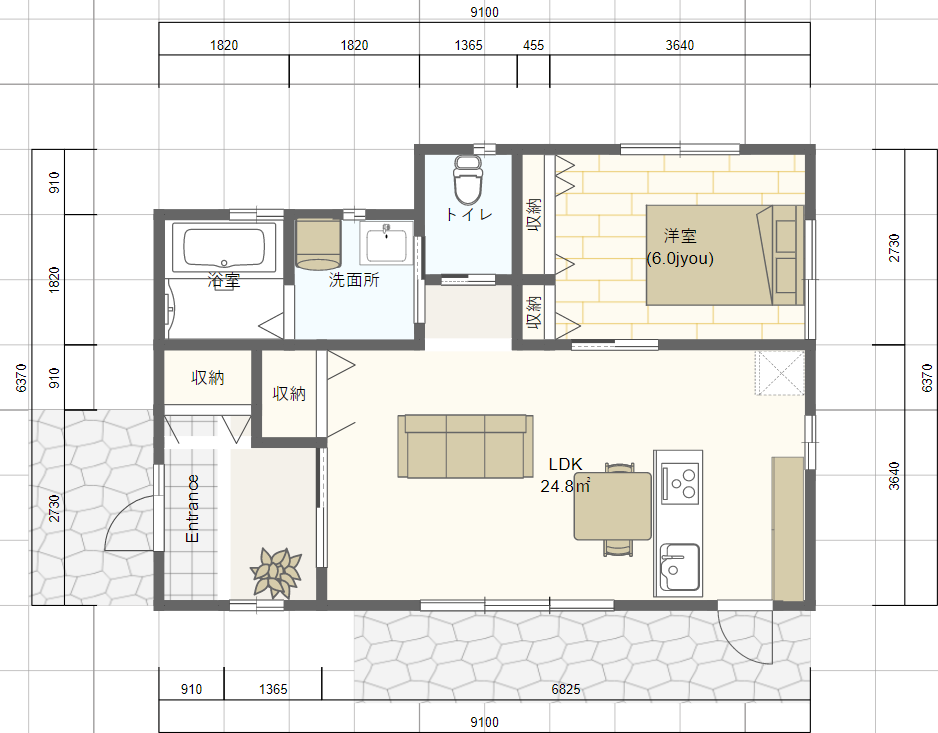 シニア世代の小さな平屋の間取り 一人暮らし１ldk 西玄関 シニアのための平家間取り図 理想の小さな平家を追求するブログ