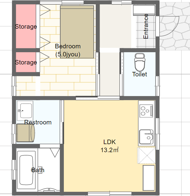 シニア世代の小さな平屋の間取り 一人暮らし１ldk 東玄関 シニアのための平家間取り図 理想の小さな平家を追求するブログ