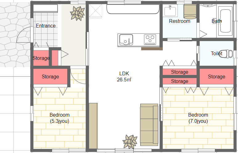 シニア世代の小さな平屋の間取り 一人暮らし２ldk 西玄関 シニアのための平家間取り図 理想の小さな平家を追求するブログ