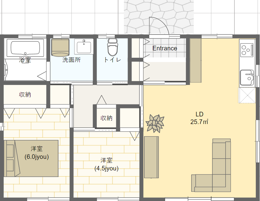 シニア世代の小さな平屋の間取り 一人暮らし２ldk 北玄関 シニアのための平家間取り図 理想の小さな平家を追求するブログ