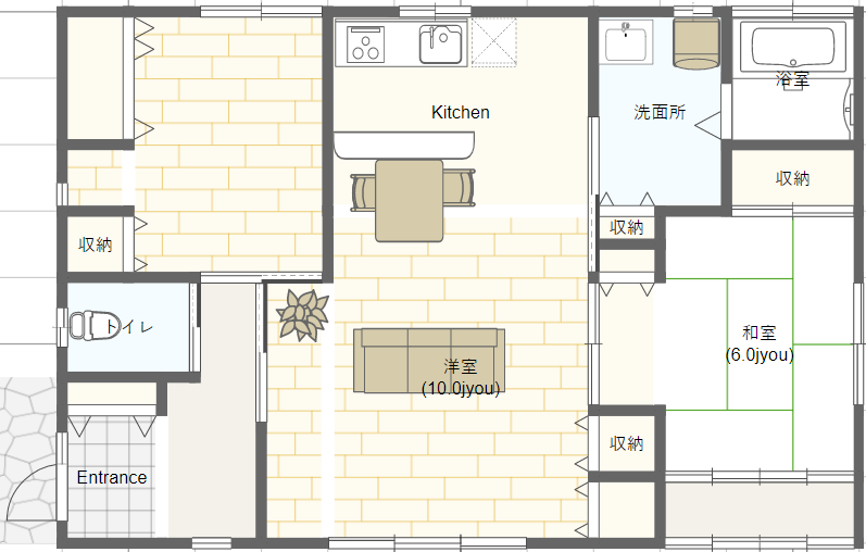 シニア世代の小さな平屋の間取り 一人暮らし２LDK 西玄関｜シニアの 