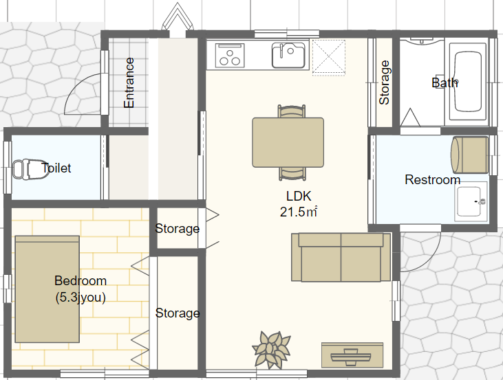 シニア世代の小さな平屋の間取り 一人暮らし１ldk 西玄関 シニアのための平家間取り図 理想の小さな平家を追求するブログ