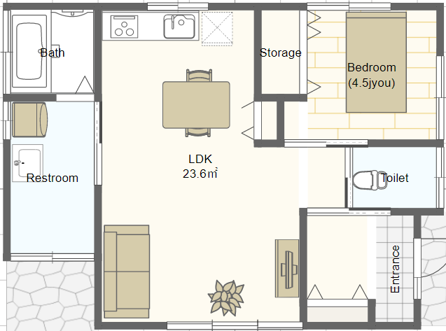 シニア世代の小さな平屋の間取り 一人暮らし１ldk 東玄関 シニアのための平家間取り図 理想の小さな平家を追求するブログ