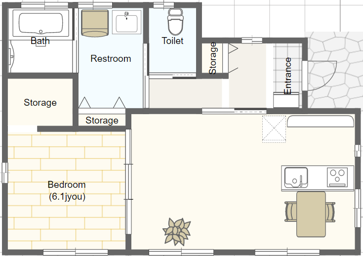 シニア世代の小さな平屋の間取り 一人暮らし１ldk 東玄関 シニアのための平家間取り図 理想の小さな平家を追求するブログ