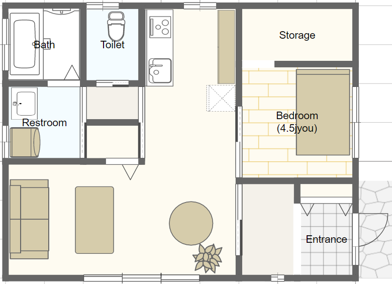 シニア世代の小さな平屋の間取り 一人暮らし１ldk 東玄関 シニアのための平家間取り図 理想の小さな平家を追求するブログ