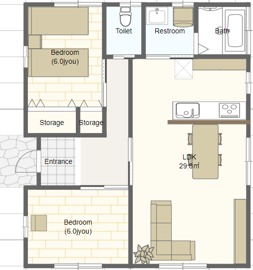 シニア世代の小さな平屋の間取り 一人暮らし２ldk 西玄関 シニアのための平家間取り図 理想の小さな平家を追求するブログ