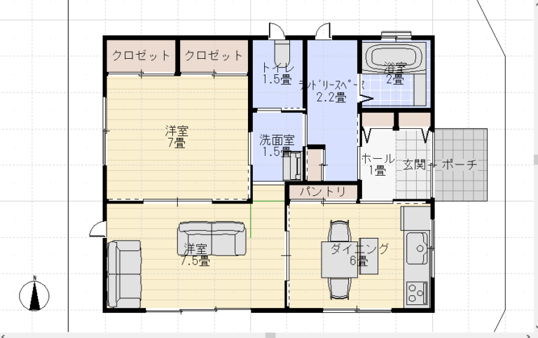 シニアの平屋住宅 2DKの間取りと3D動画 東玄関｜シニアのための平家間取り図 理想の小さな平家を追求するブログ